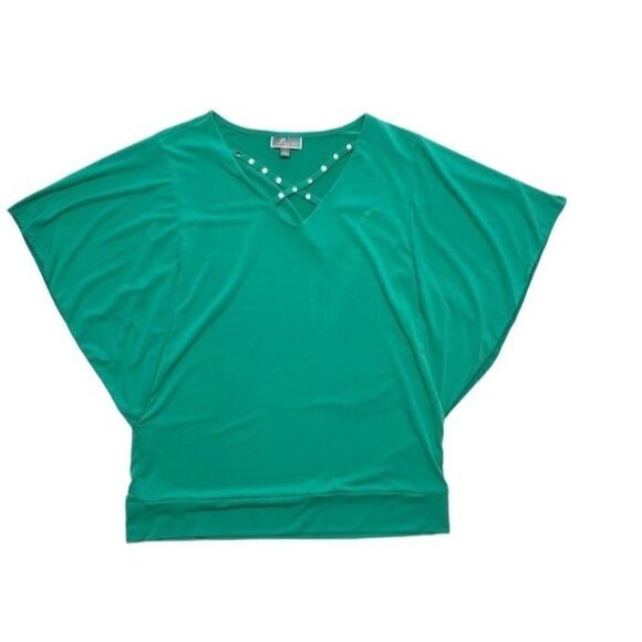 JM COLLECTION Green Flutter Sleeve Studded Neckline Stretch Knit Size Large - Picture 4 of 7